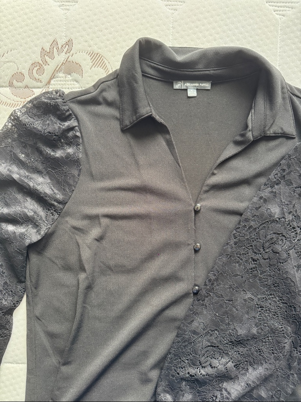 Adrianna Papell Black Lace Sleeve Button-Front Blouse